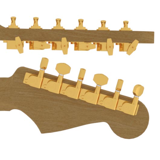 Hipshot Tuner Upgrade Kit, with Universal Mounting Plates, 6-in-Line (right / treble side), Staggered Posts, Classic Closed - Gold