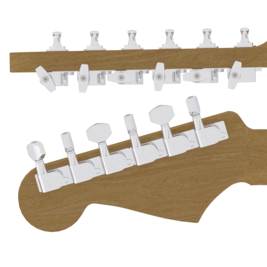 Hipshot Tuner Upgrade Kit, with Universal Mounting Plates, 6-in-Line (left / bass side), non-staggered posts - Chrome