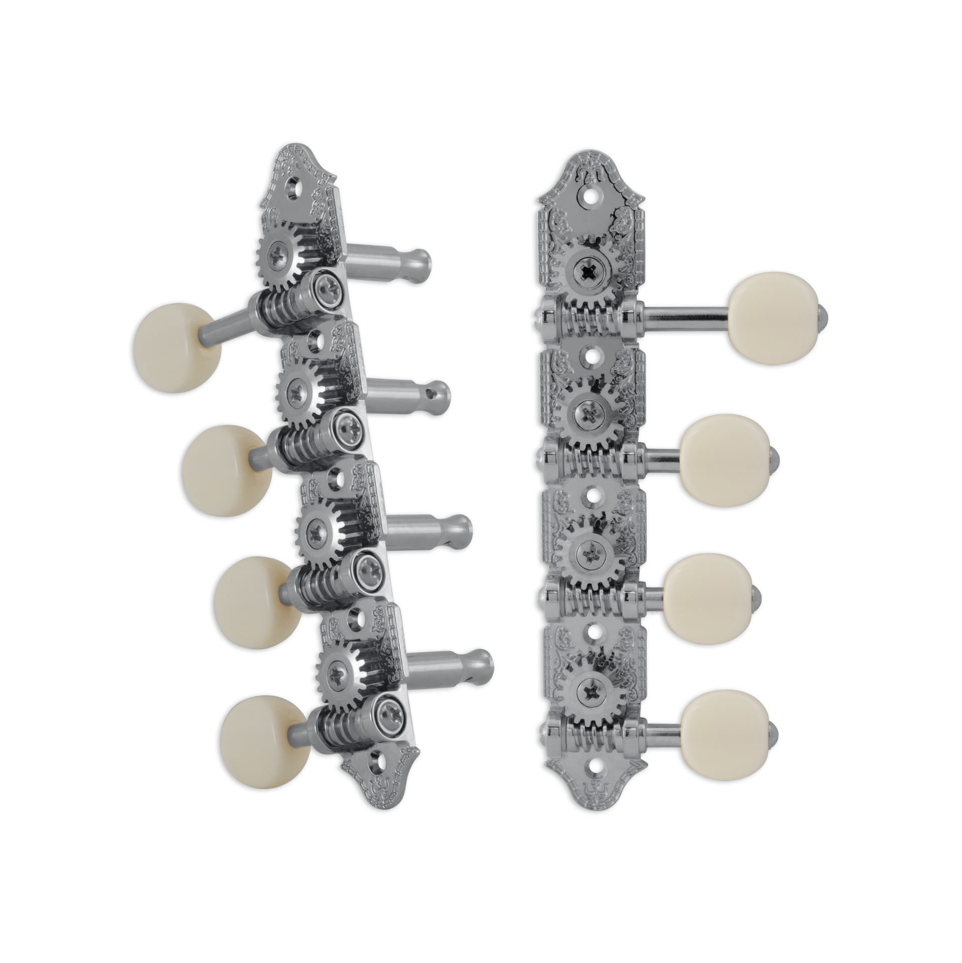Grover 409FVCW Professional Mandolin Vintage "F"-Style Machine Heads with White Button - Standard, 4 + 4 - Chrome