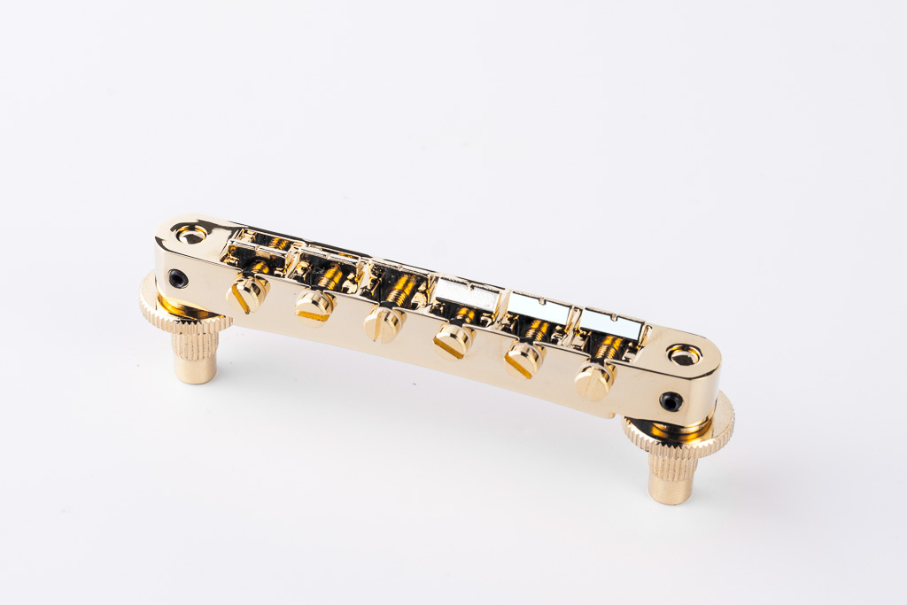 TonePros NVR2P G - Tune-O-Matic Bridge with Pre-Notched Saddles (Standard Nashville Posts) - Gold