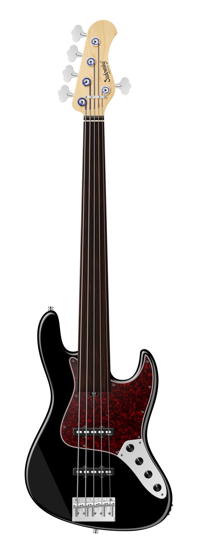 Sadowsky MetroLine 22-Fret Will Lee Artist Line Bass, Swamp Ash Body, Tigerstripe Ebony Fingerboard, 5-String, Fretless - Solid Black High Polish