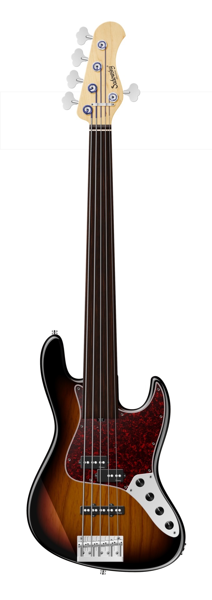 Sadowsky MetroLine 21-Fret Vintage P/J Bass, Swamp Ash Body, Tigerstripe Ebony Fingerboard, 5-String, Fretless - '59 Burst Transparent High Polish