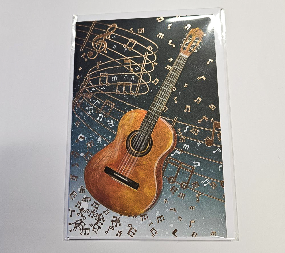 Doppelkarte Gitarre mit rotgoldenen Noten