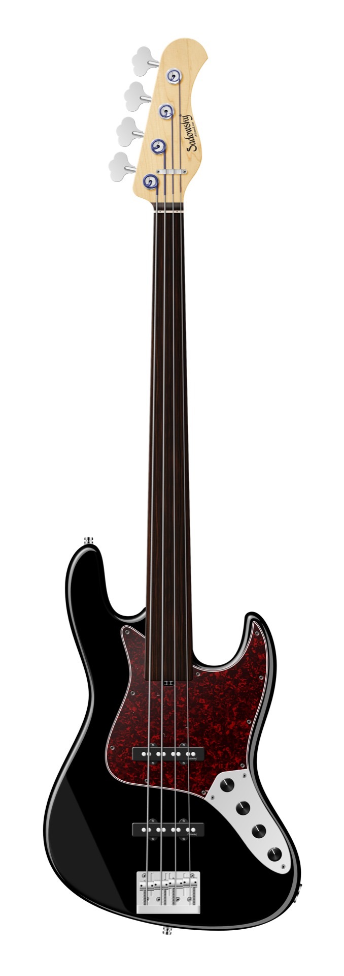 Sadowsky MetroLine 21-Fret Vintage J/J Bass, Red Alder Body, Tigerstripe Ebony Fingerboard, 4-String, Fretless - Solid Black High Polish