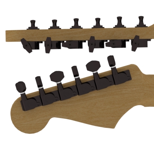 Hipshot Tuner Upgrade Kit, with Universal Mounting Plates, 6-in-Line, Staggered Posts - Black