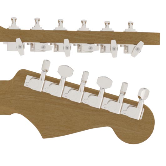 Hipshot Tuner Upgrade Kit, with Universal Mounting Plates, 6-in-Line (right / treble side), Staggered Posts, Classic Closed - Nickel