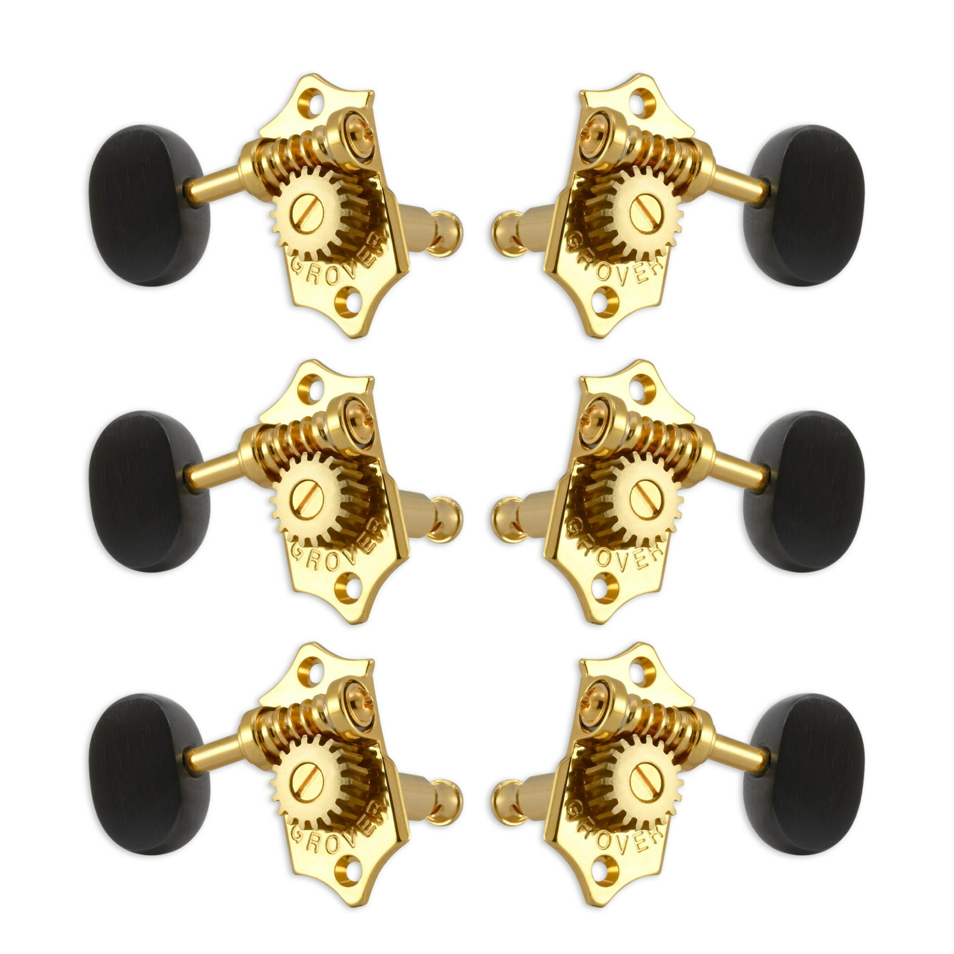 Grover V97-18GAE Original Sta-Tite Machine Head with Ebony Button and 18:1 Gear Ratio, Vertical - Guitar Machine Heads, 3 + 3 - Gold