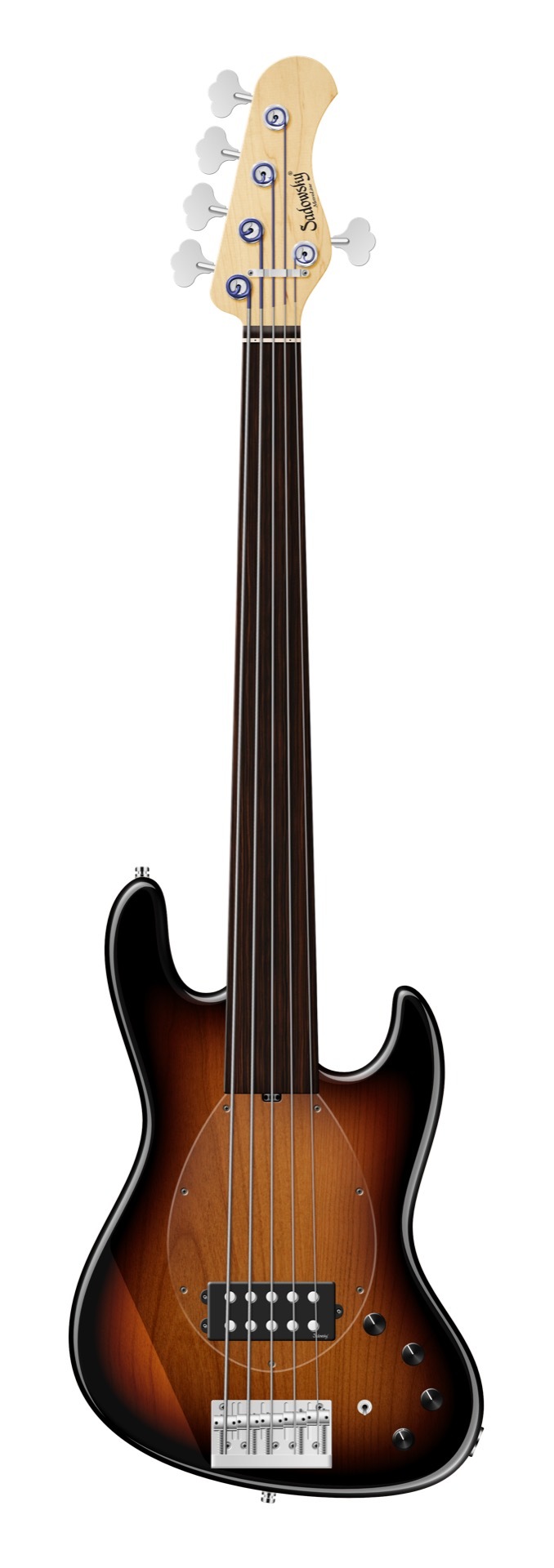 Sadowsky MetroLine 21-Fret Vintage M Bass, Red Alder Body, Tigerstripe Ebony Fingerboard, 5-String, Fretless - '59 Burst Transparent High Polish