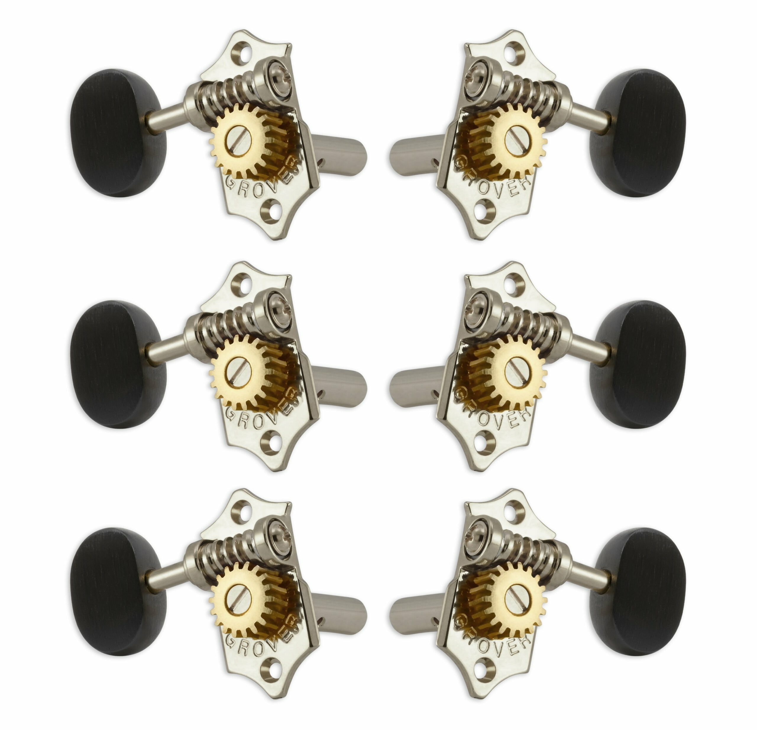 Grover H97-18NAE Original Sta-Tite Machine Head with Ebony Button and 18:1 Gear Ratio, Horizontal - Guitar Machine Heads, 3 + 3 - Nickel
