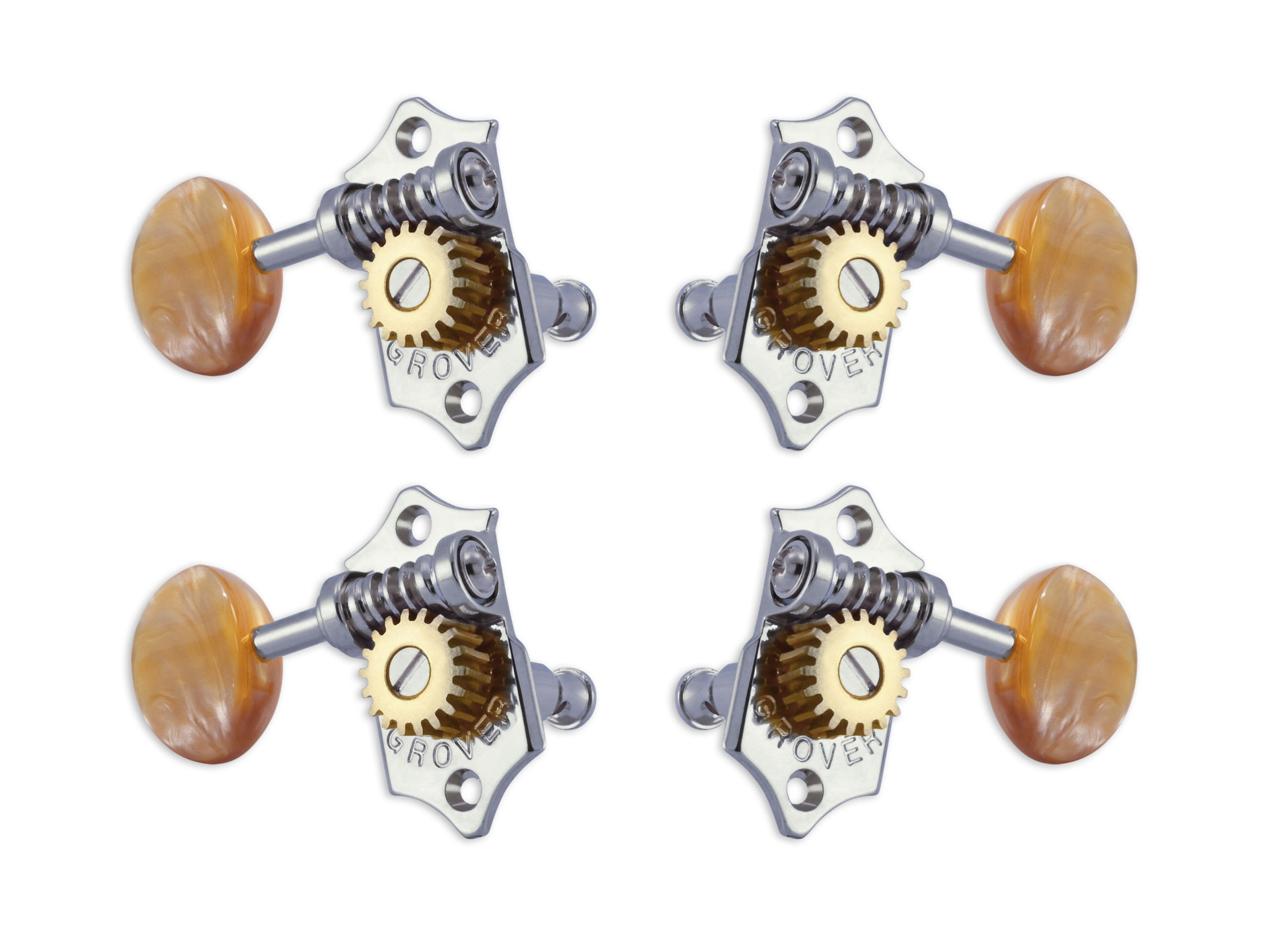 Grover U99-18CA Sta-Tite Geared Ukulele Pegs with Acrylic Amber Button, 21.3 mm Post - 4 pcs. - Chrome