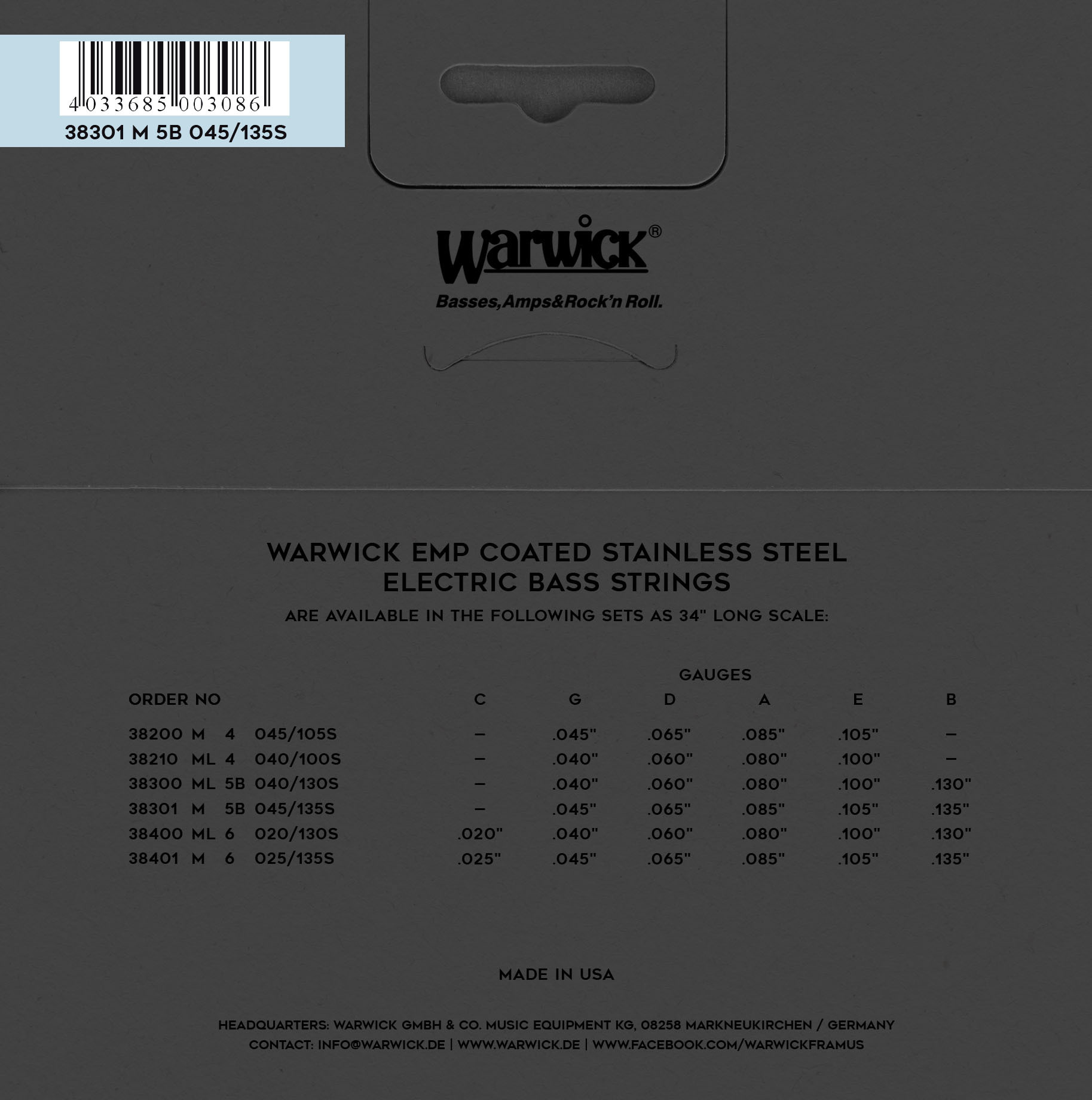Warwick EMP Coated Bass String Set, Stainless Steel - 5-String, Low B, Medium, .045-.135
