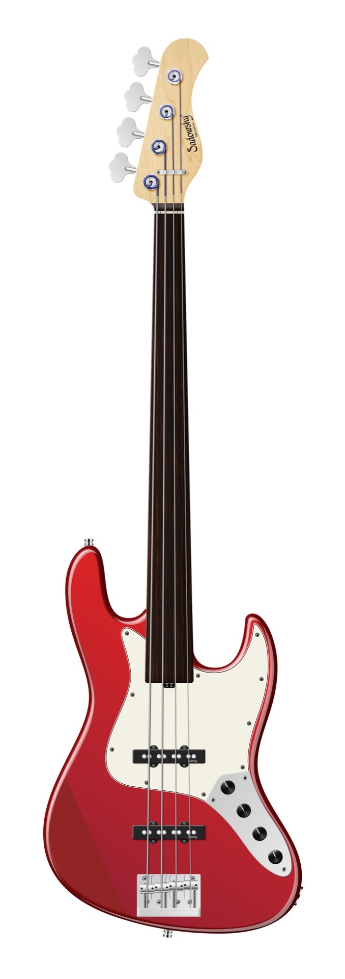 Sadowsky MetroLine 21-Fret Vintage J/J Bass, Red Alder Body, Tigerstripe Ebony Fingerboard, 4-String, Fretless - Solid Candy Apple Red Metallic High Polish