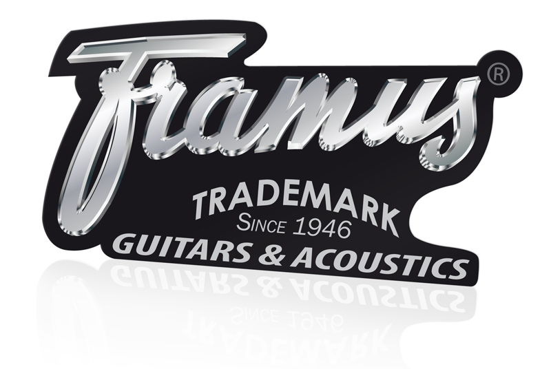 Framus Promo - Logo Sticker (Die Cut), Silver on Black, 15.2 x 7.9 cm