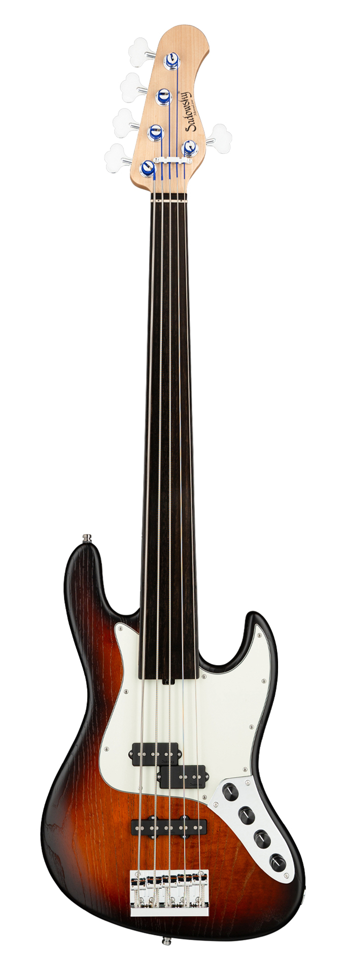Sadowsky MetroLine 21-Fret Vintage P/J Bass, Swamp Ash Body, Tigerstripe Ebony Fingerboard, 5-String, Fretless - Almond Sunburst Transparent Satin
