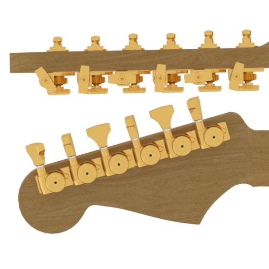 Hipshot Tuner Upgrade Kit, with Universal Mounting Plates, 6-in-Line (left / bass side), staggered Posts - Gold