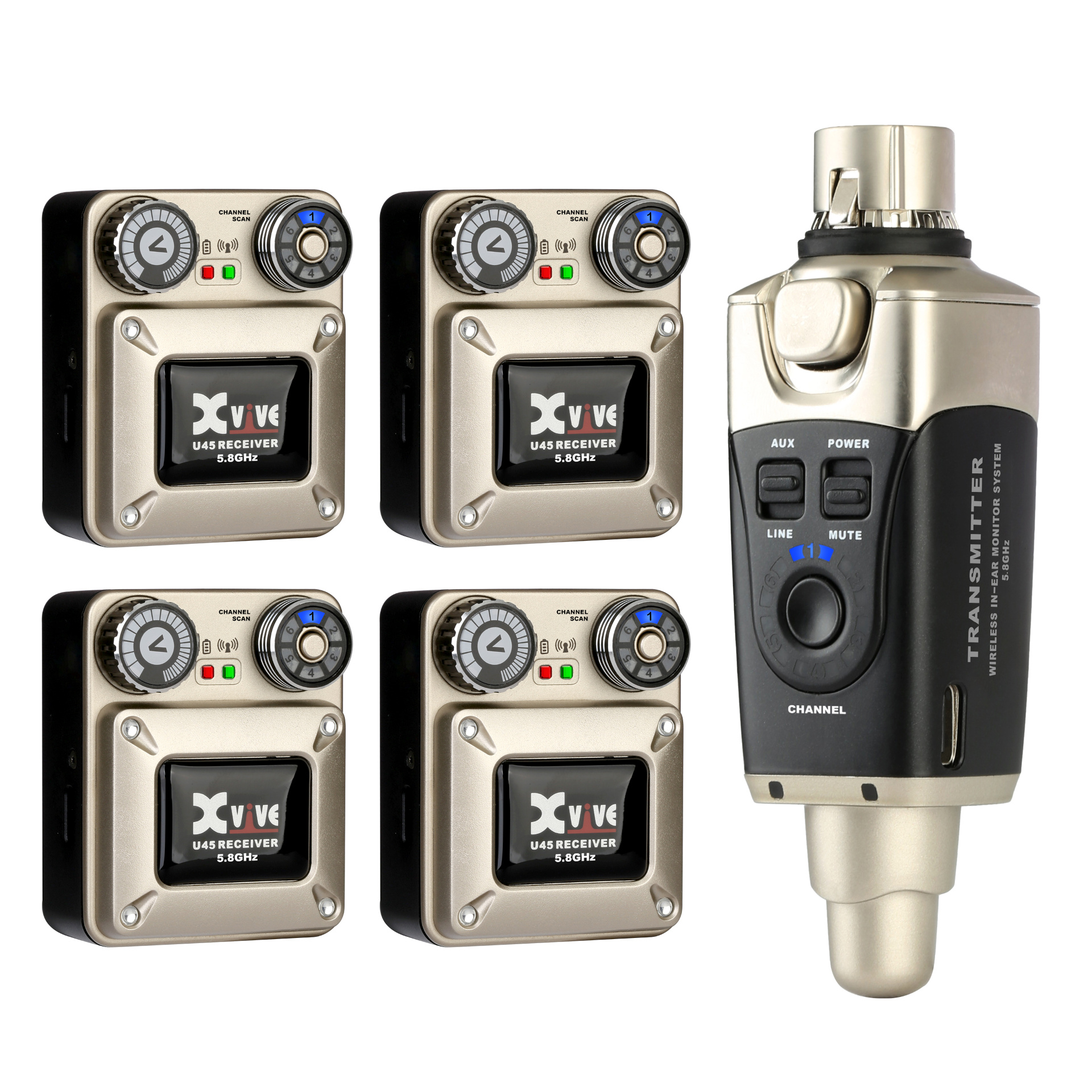 XVive U45 In-Ear Monitor Wireless System, 5.8 GHz - Bundle, 1x Transmitter + 4x Receiver