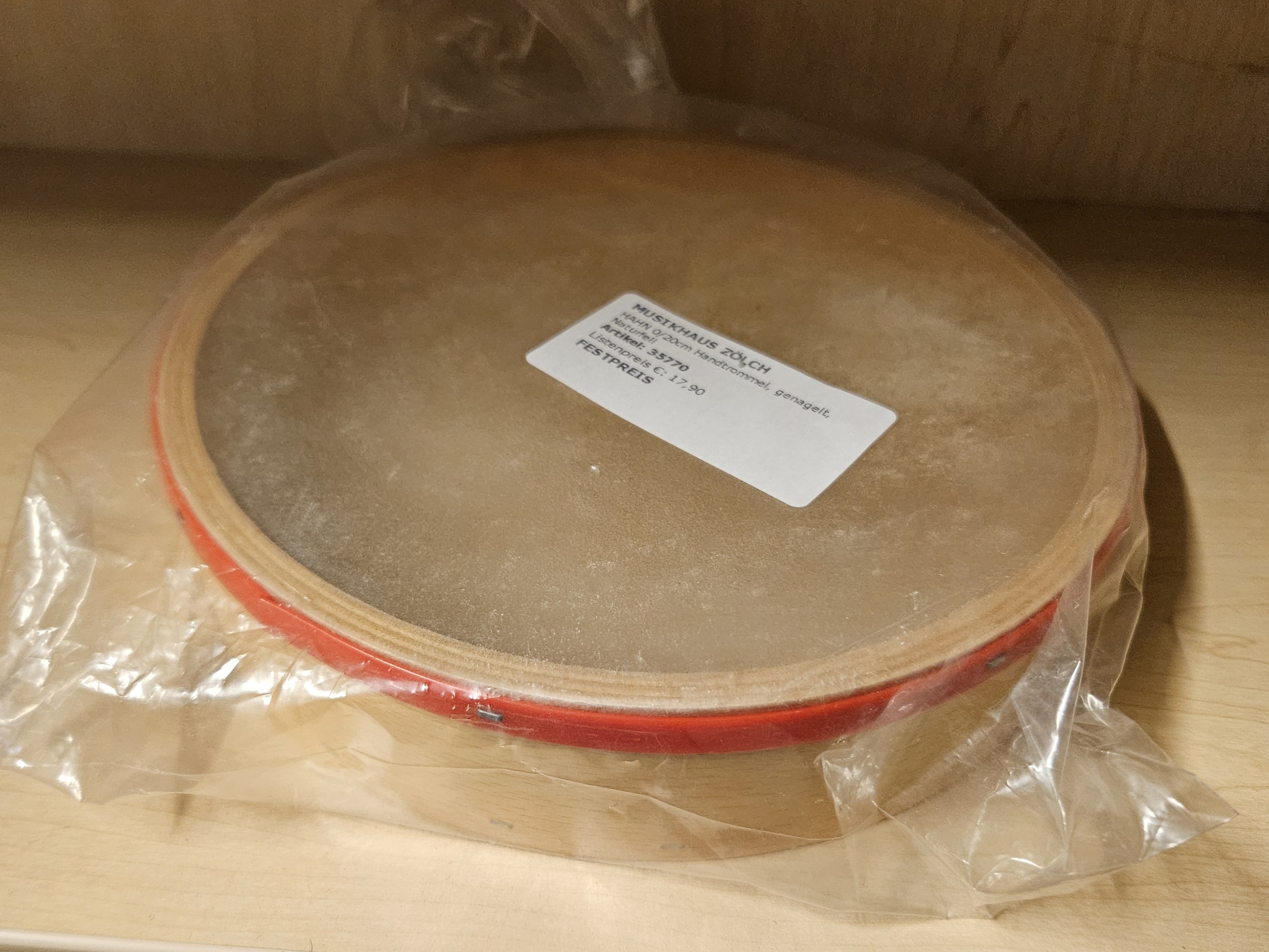 HAHN Handtrommel 20 cm, Naturfell genagelt, rot