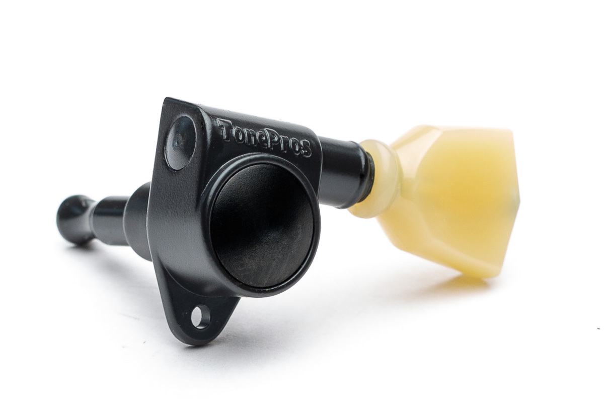 TonePros GKH330 Tuner with 20:1 Gear Ratio and Vintage "Butterscotch" Keystone Button - Guitar Machine Heads, 3 + 3 - Black