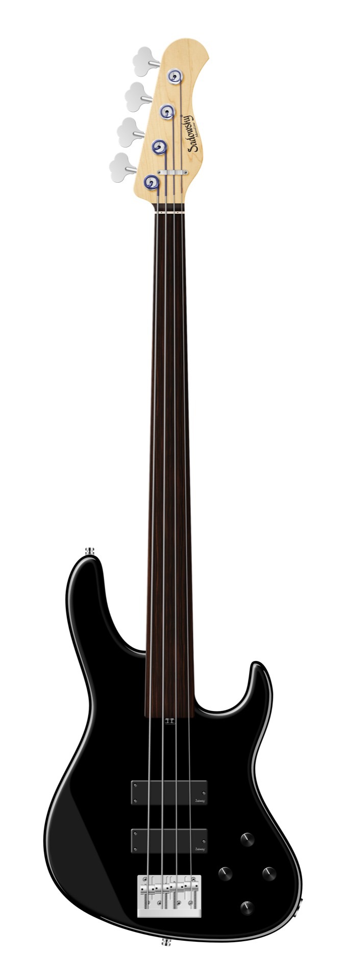 Sadowsky MetroLine 24-Fret Modern Bass, Swamp Ash Body, Tigerstripe Ebony Fingerboard, 4-String, Fretless - Solid Black High Polish