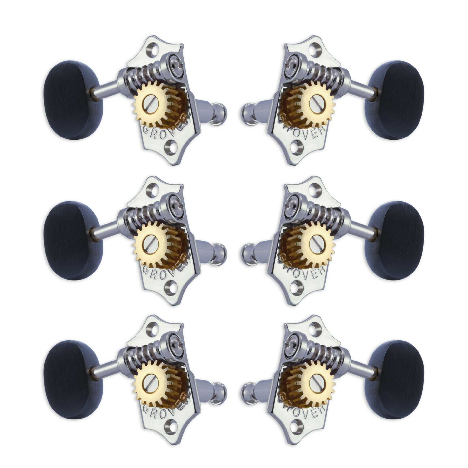 Grover V97-18CAE Original Sta-Tite Machine Head with Ebony Button and 18:1 Gear Ratio, Vertical - Guitar Machine Heads, 3 + 3 - Chrome