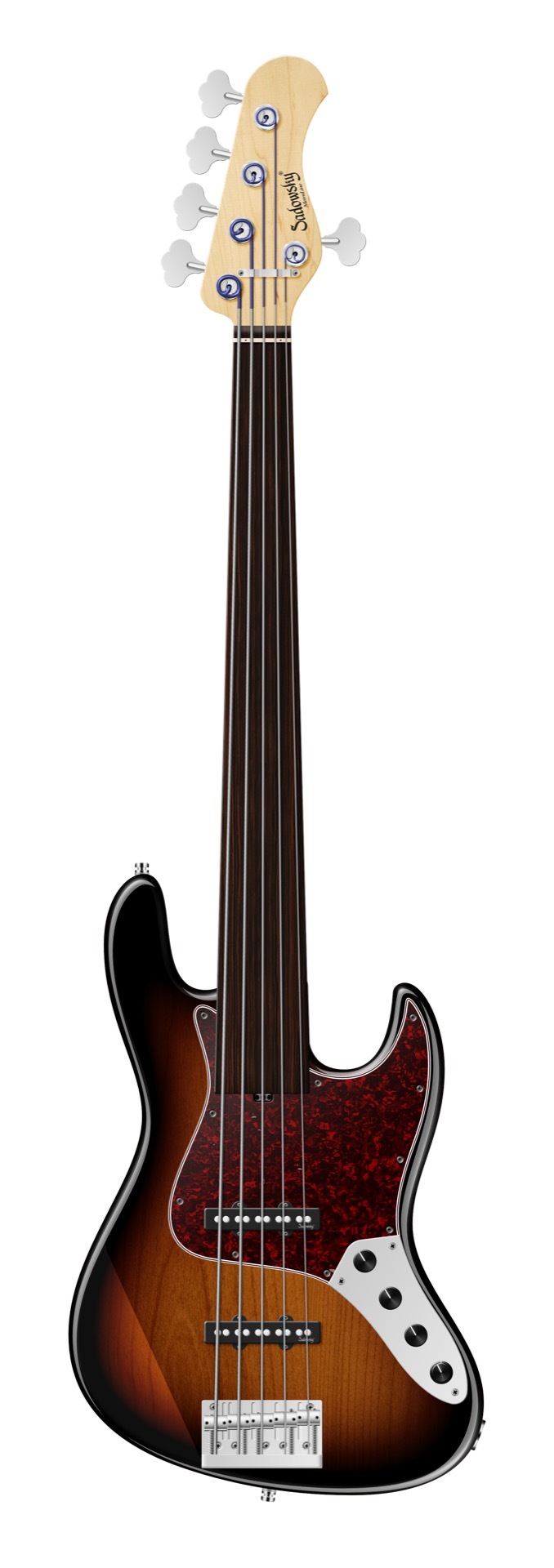 Sadowsky MetroLine 21-Fret Vintage J/J Bass, Red Alder Body, Tigerstripe Ebony Fingerboard, 5-String, Fretless - '59 Burst Transparent High Polish