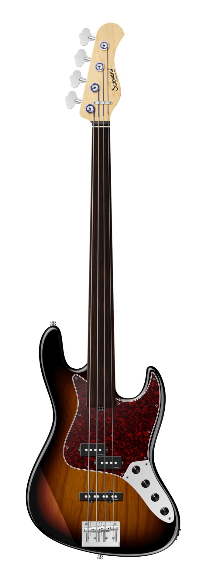 Sadowsky MetroLine 21-Fret Vintage P/J Bass, Swamp Ash Body, Tigerstripe Ebony Fingerboard, 4-String, Fretless - '59 Burst Transparent High Polish