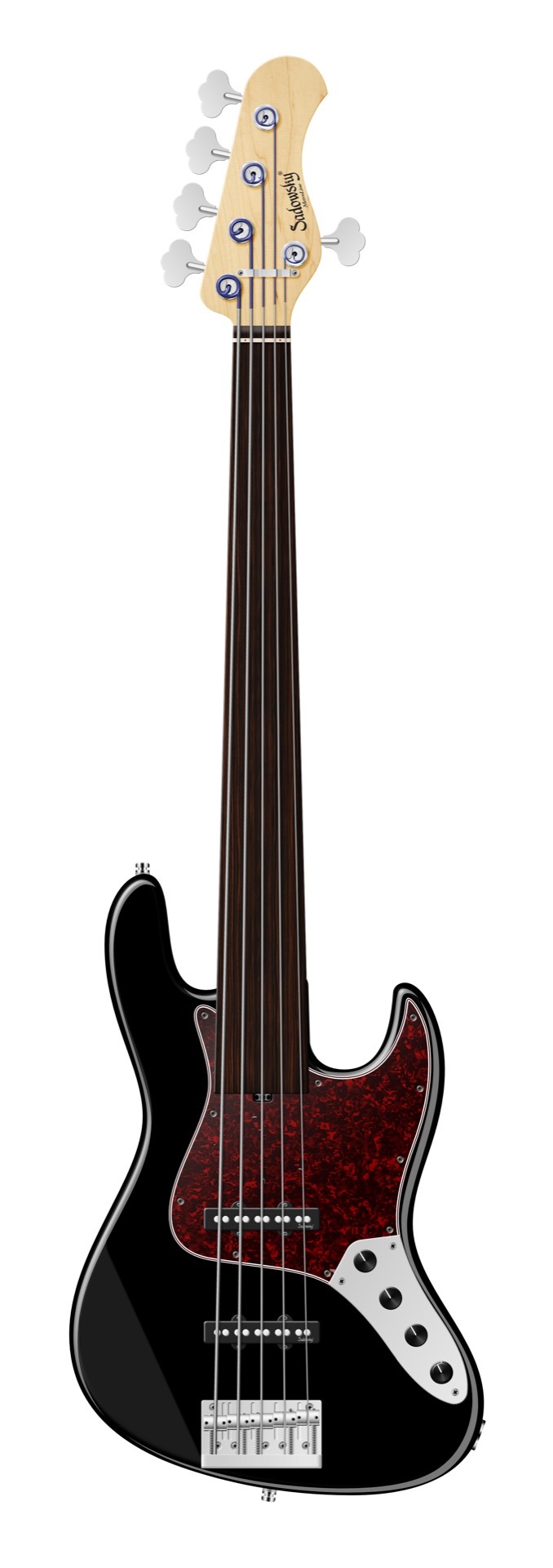 Sadowsky MetroLine 21-Fret Vintage J/J Bass, Solidbody, Swamp Ash Body, Tigerstripe Ebony Fingerboard, 5-String, Fretless - Solid Black High Polish