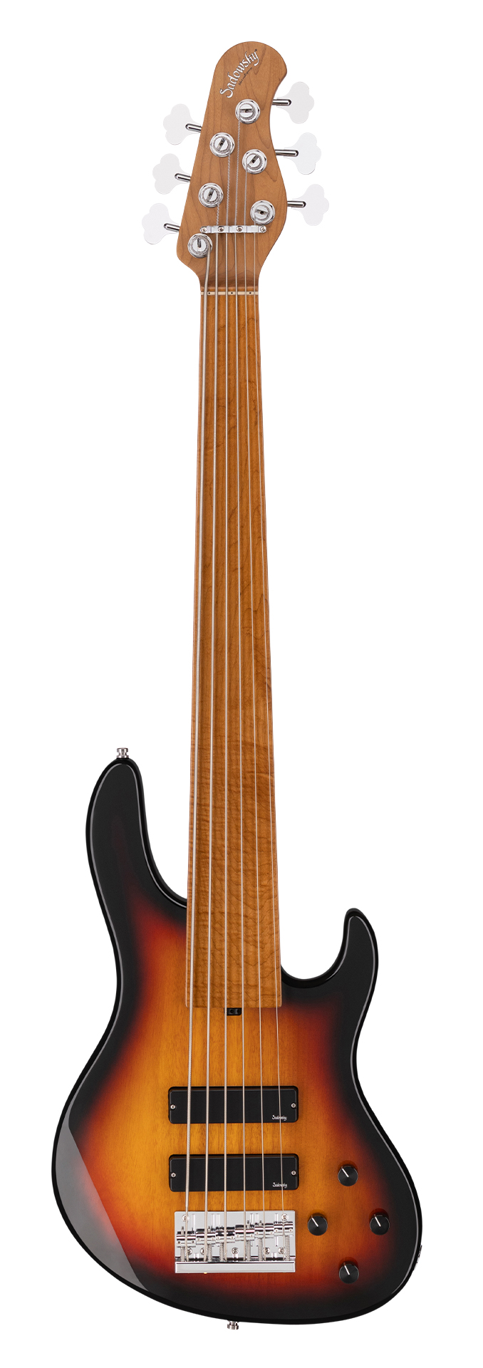 Sadowsky MetroExpress 24-Fret Modern Bass, Roasted Flamed Maple Fingerboard, 6-String, Fretless - Tobacco Sunburst Transparent High Polish