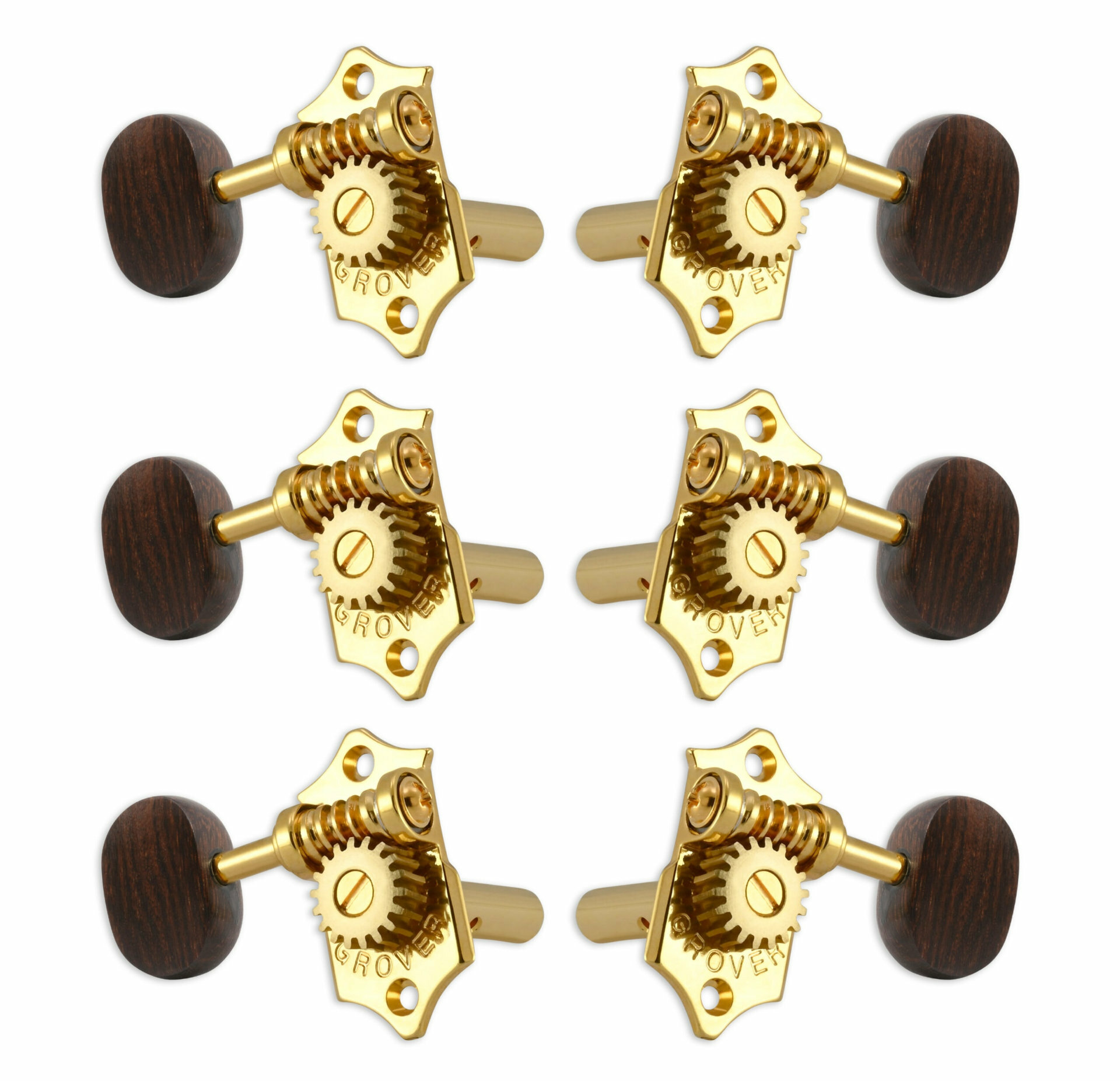 Grover H97-18GAR Original Sta-Tite Machine Head with Rosewood Button and 18:1 Gear Ratio, Horizontal - Guitar Machine Heads, 3 + 3 - Gold
