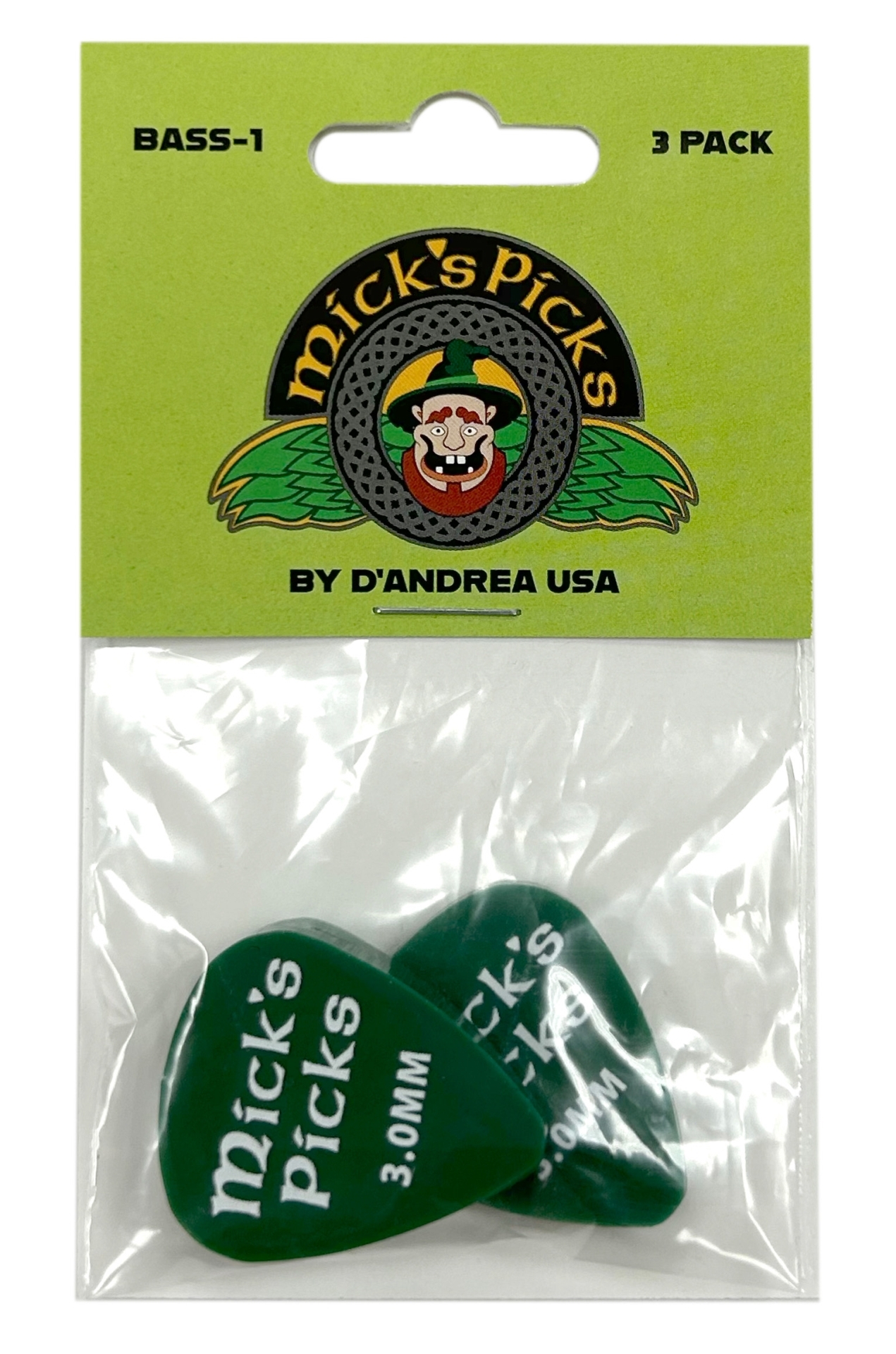 D'Andrea Mick's Picks Bass-1 - 351 Shape (BASS-1), 3 pcs Pick Pack, 3.00 mm, Green