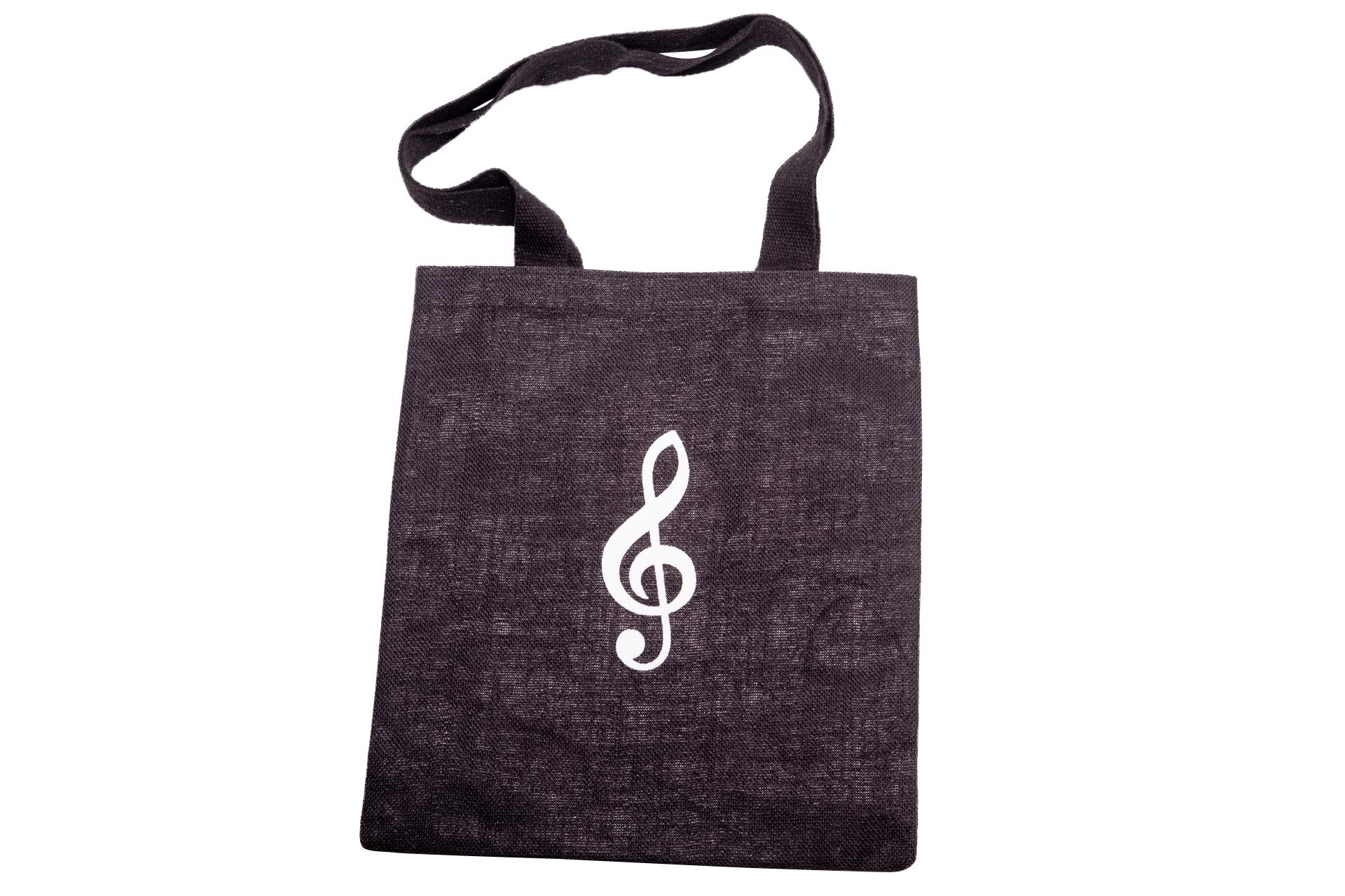 Jute-Henkeltasche, schwarz mit weißem Violinschlüssel