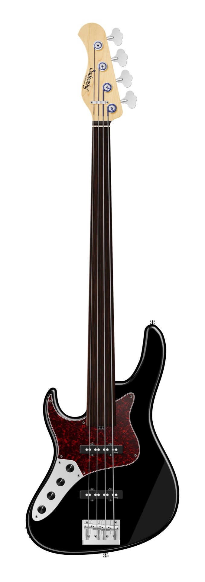 Sadowsky MetroLine 24-Fret Vintage J/J Bass, Swamp Ash Body, Tigerstripe Ebony Fingerboard, 4-String, Fretless, Lefthand - Solid Black High Polish