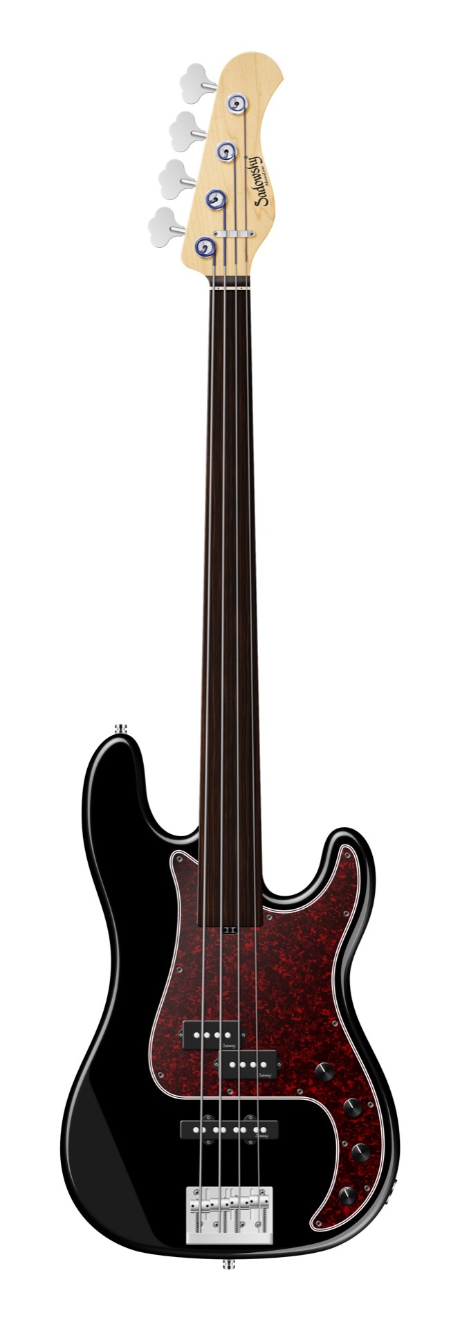 Sadowsky MetroLine 21-Fret Hybrid P/J Bass, Solidbody, Swamp Ash Body, Tigerstripe Ebony Fingerboard, 4-String, Fretless - Solid Black High Polish