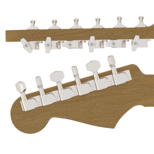 Hipshot Tuner Upgrade Kit, with Universal Mounting Plates, 6-in-Line (left / bass side), Staggered Posts, Classic Closed - Nickel