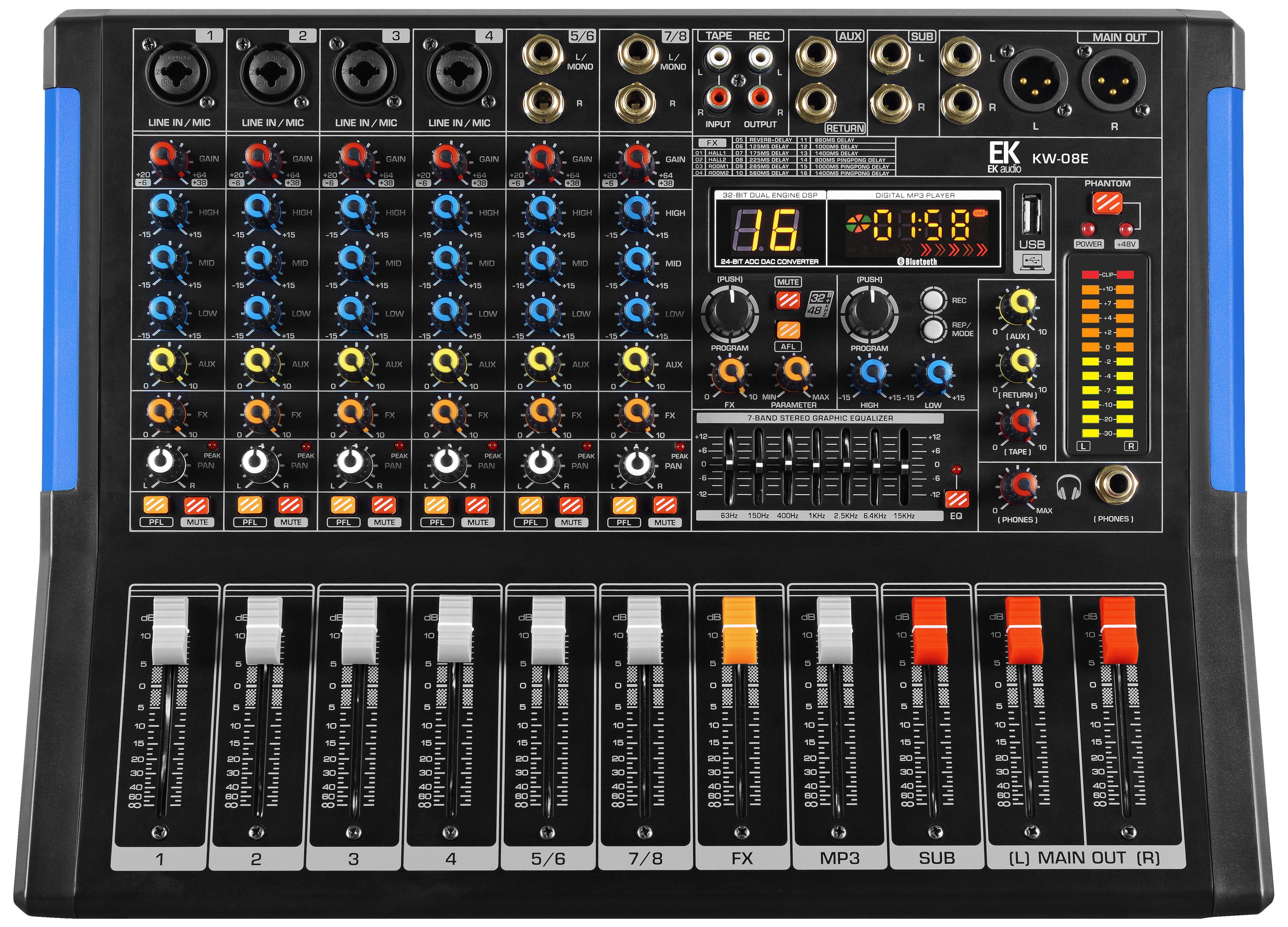 EK AUDIO KW-08A Analog 8-Kanal-Mischer verstärkt mit Effekten, USB, Bluetooth