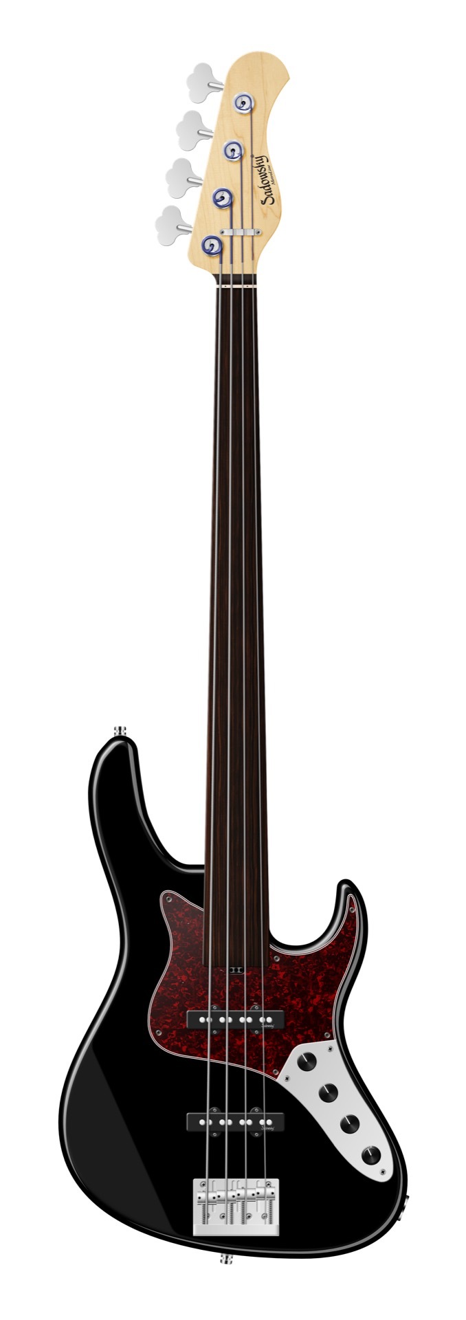 Sadowsky MetroLine 24-Fret Vintage J/J Bass, Red Alder Body, Tigerstripe Ebony Fingerboard, 4-String, Fretless - Solid Black High Polish