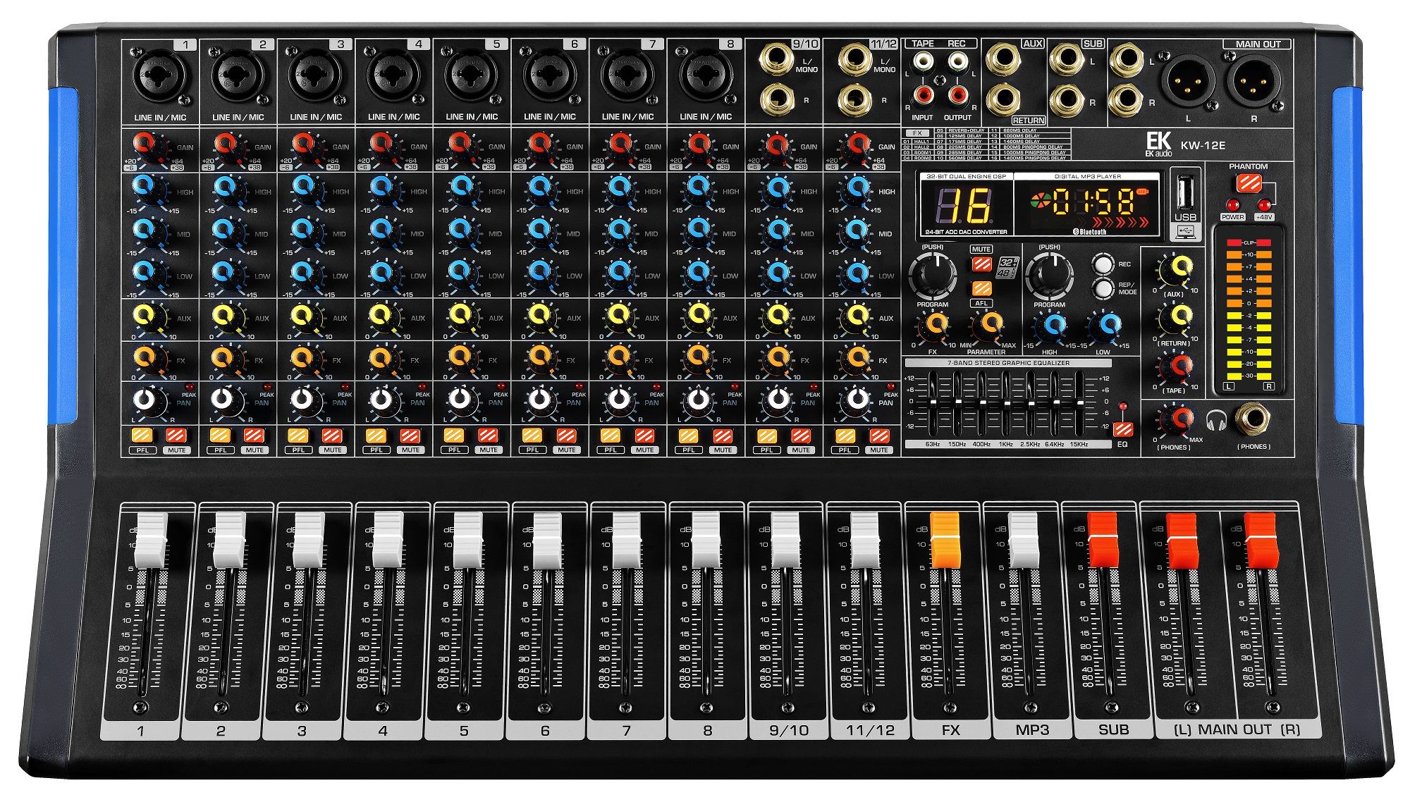 EK AUDIO KW-12E Analog 12-Kanal-Mischer verstärkt mit Effekten, USB, Bluetooth