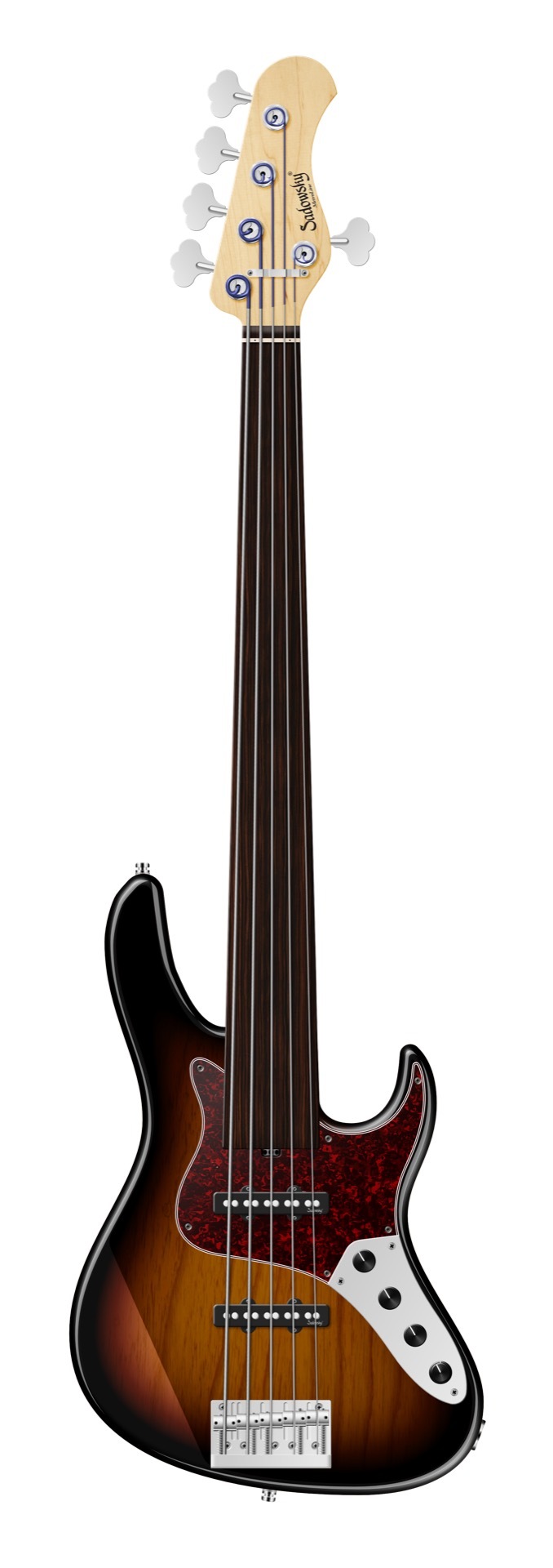 Sadowsky MetroLine 24-Fret Vintage J/J Bass, Swamp Ash Body, Tigerstripe Ebony Fingerboard, 5-String, Fretless - '59 Burst Transparent High Polish