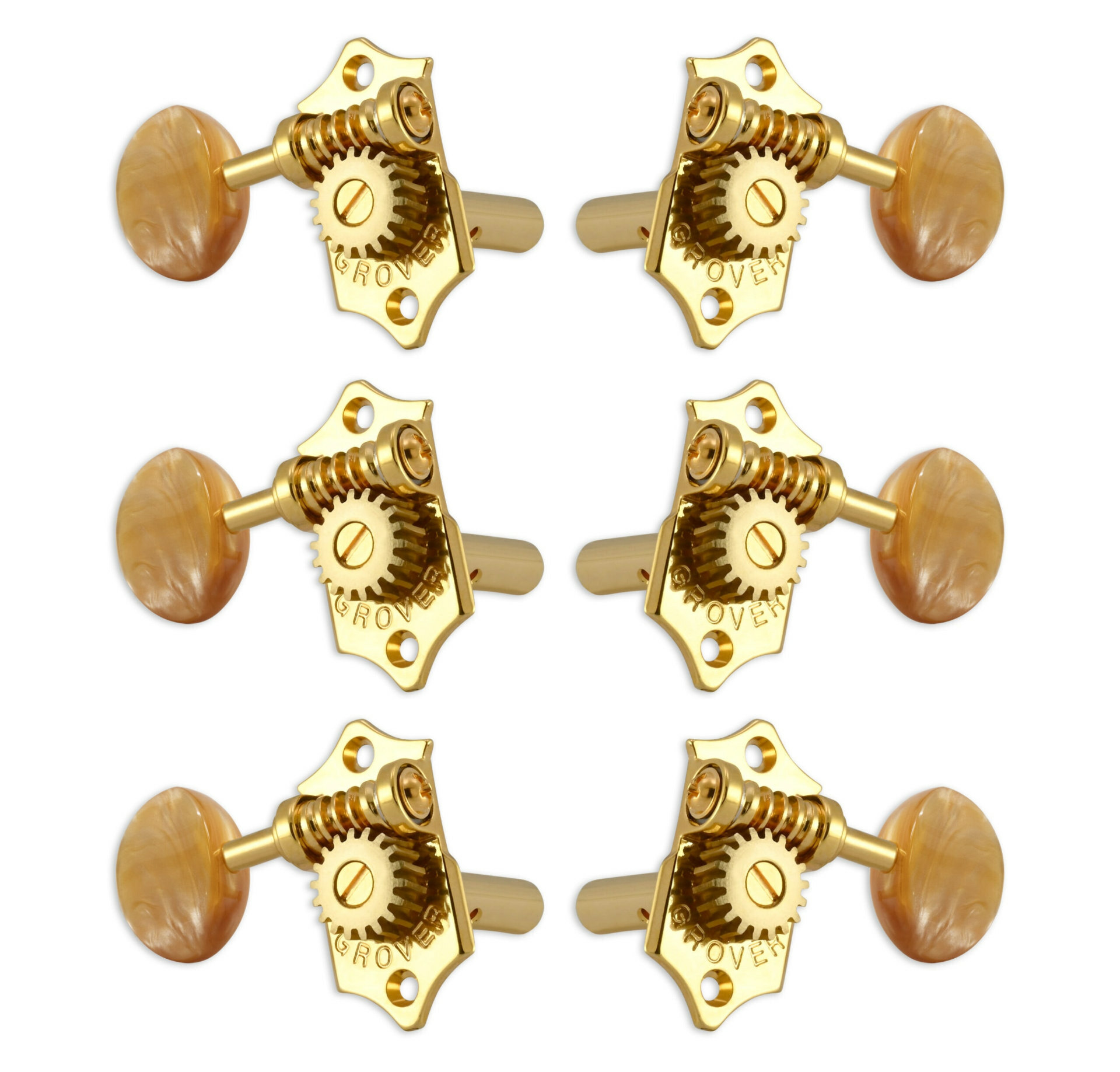 Grover H97-18GAA Original Sta-Tite Machine Head with Acrylic Amber Button and 18:1 Gear Ratio, Horizontal - Guitar Machine Heads, 3 + 3 - Gold