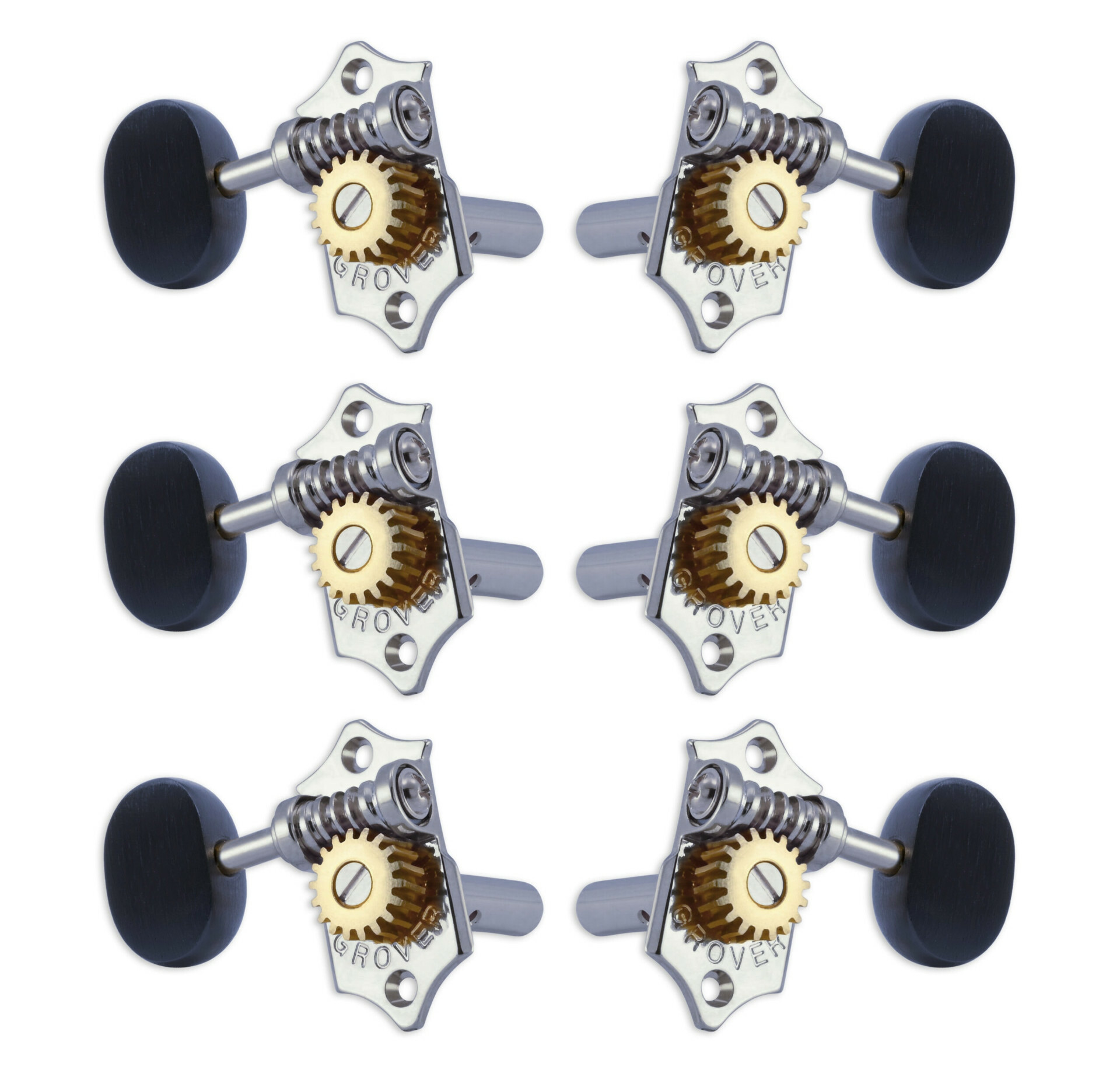Grover H97-18CAE Original Sta-Tite Machine Head with Ebony Button and 18:1 Gear Ratio, Horizontal - Guitar Machine Heads, 3 + 3 - Chrome