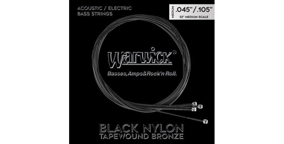 Warwick Black Nylon Tapewound Acoustic / Electric Bass String Set - 4-String, Medium, 045"-.105", Medium Scale