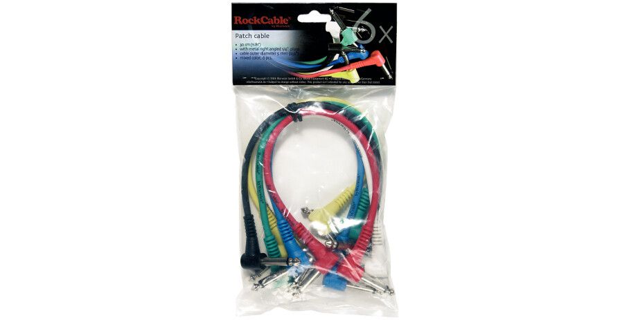 RockCable Patch Cable Set - angled TS (6.3 mm / 1/4"), multi-color, 6 pcs. - 30 cm / 11 13/16"
