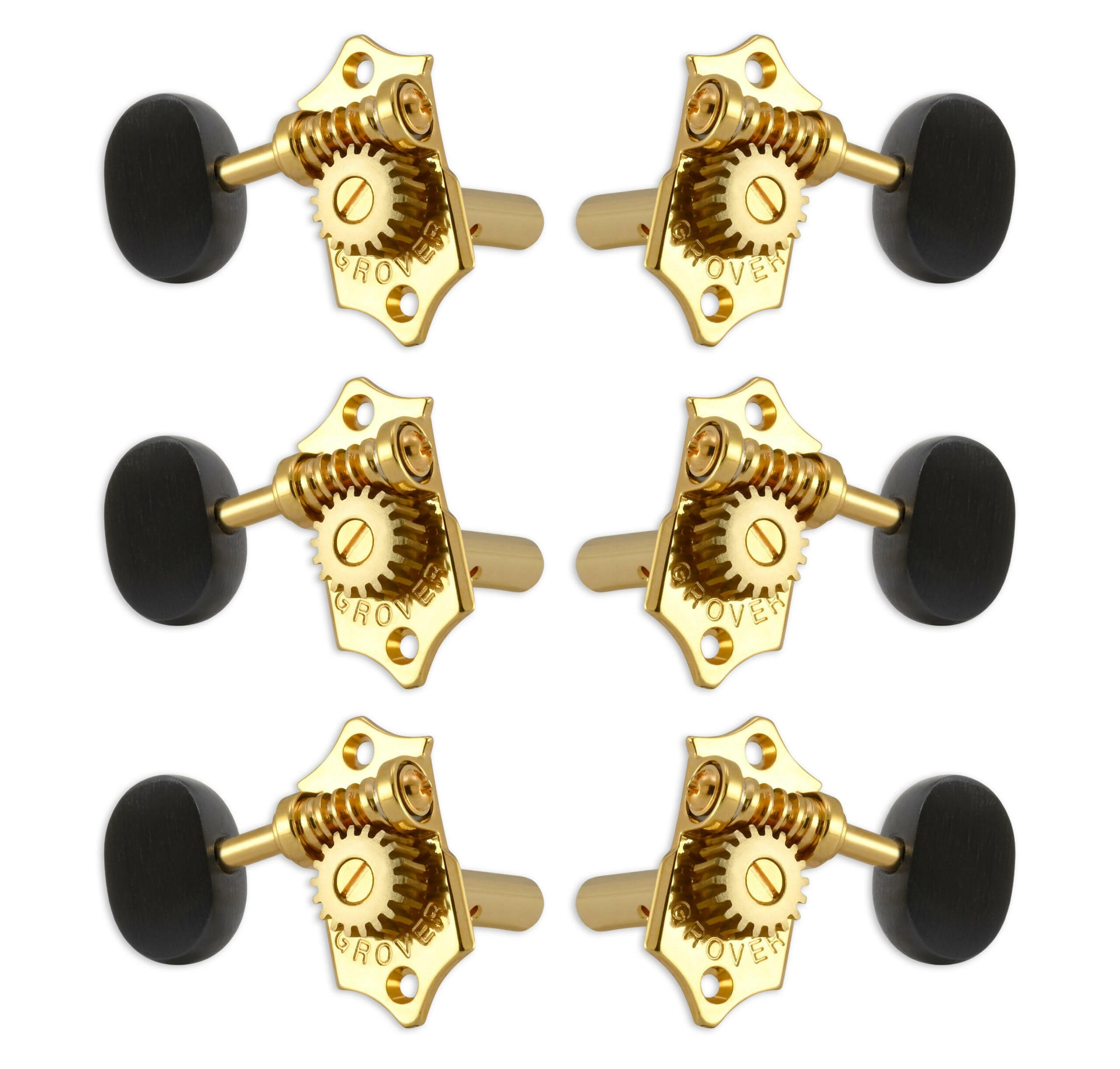 Grover H97-18GAE Original Sta-Tite Machine Head with Ebony Button and 18:1 Gear Ratio, Horizontal - Guitar Machine Heads, 3 + 3 - Gold