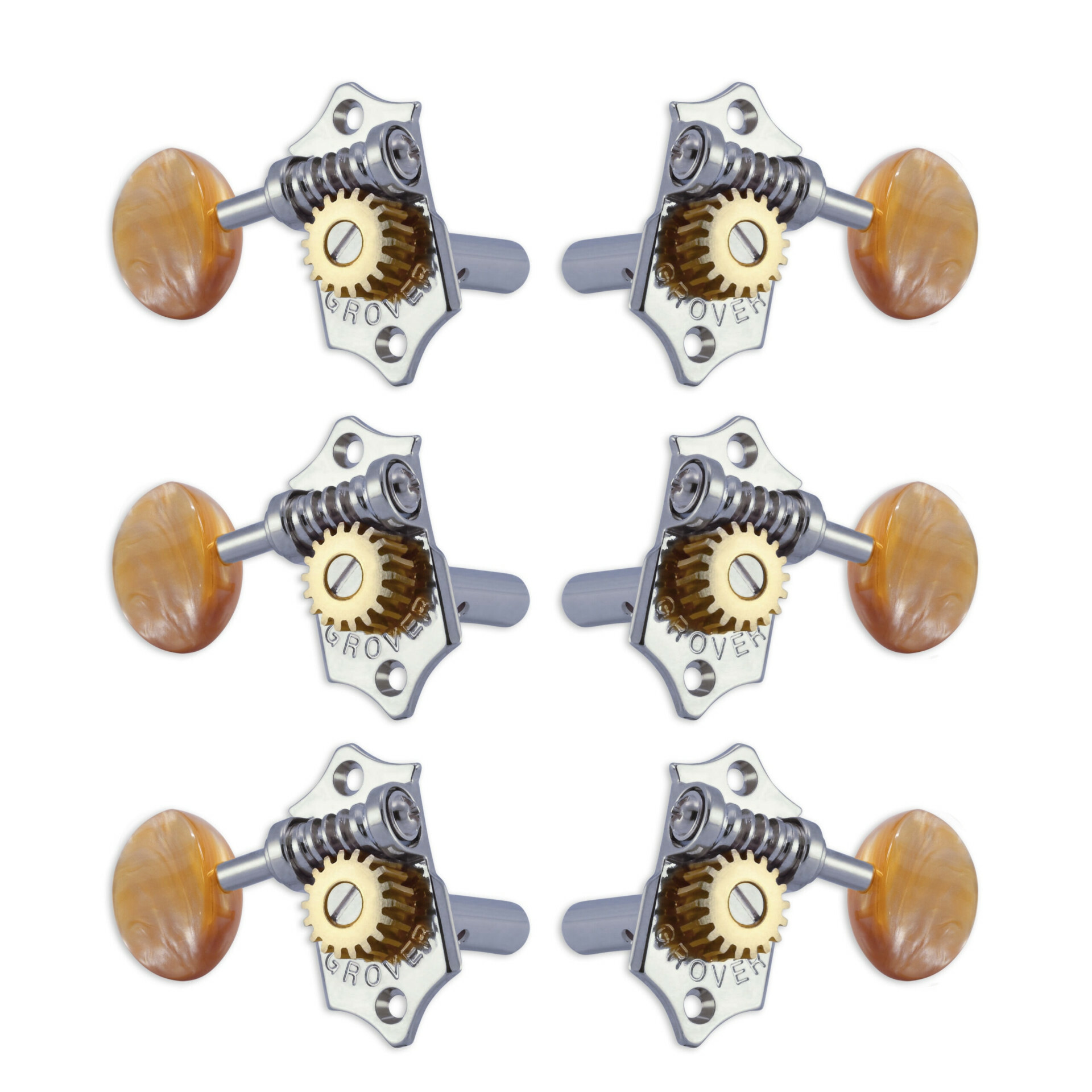Grover H97-18CAA Original Sta-Tite Machine Head with Acrylic Amber Button and 18:1 Gear Ratio, Horizontal - Guitar Machine Heads, 3 + 3 - Chrome