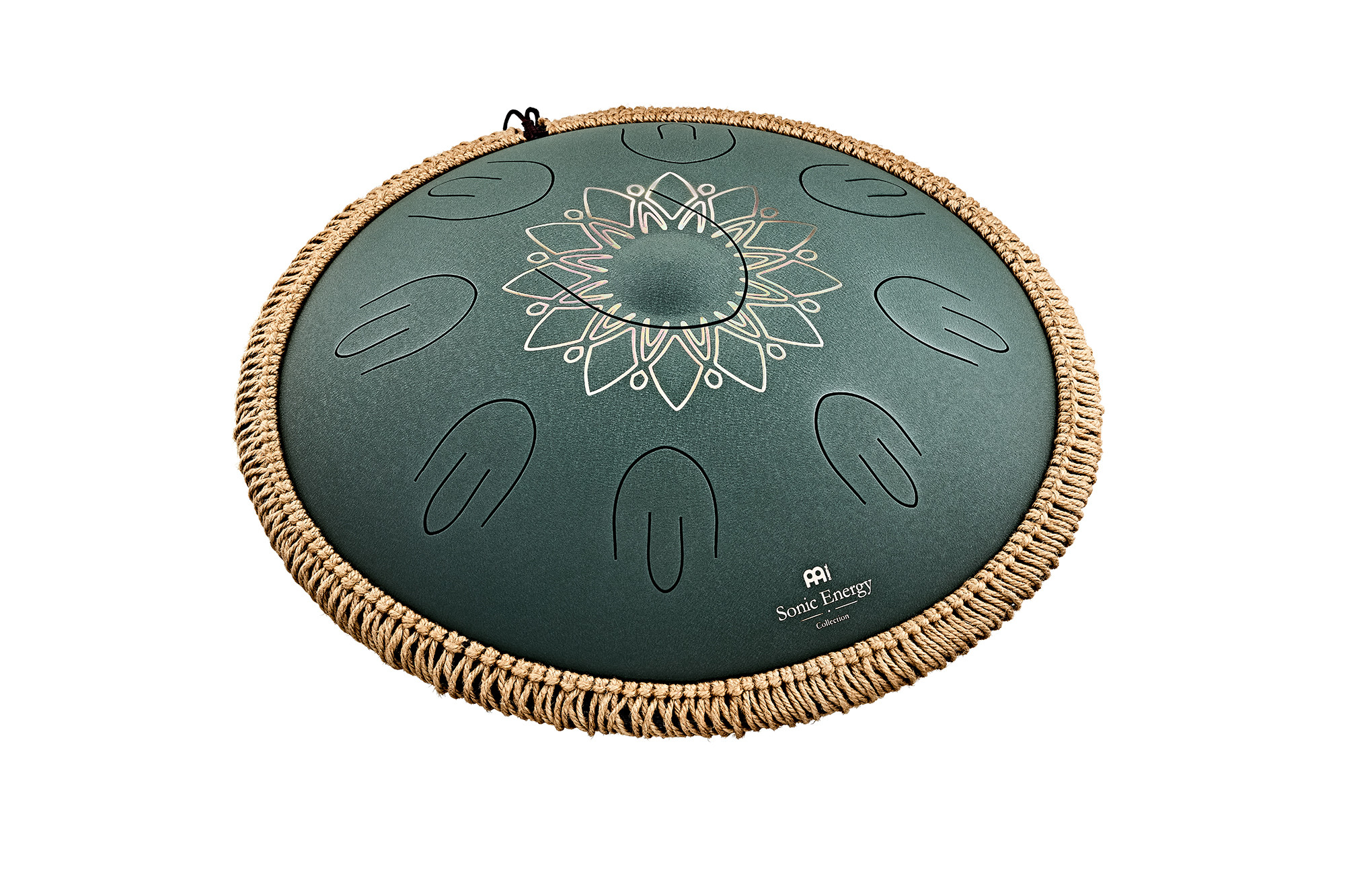 MEINL OSTD4DGE Sonic Energy 16" Octave Steel Tongue Drum, Fis Moll, 9 Töne, 432 Hz, Dunkelgrün, Graviertes florales Design