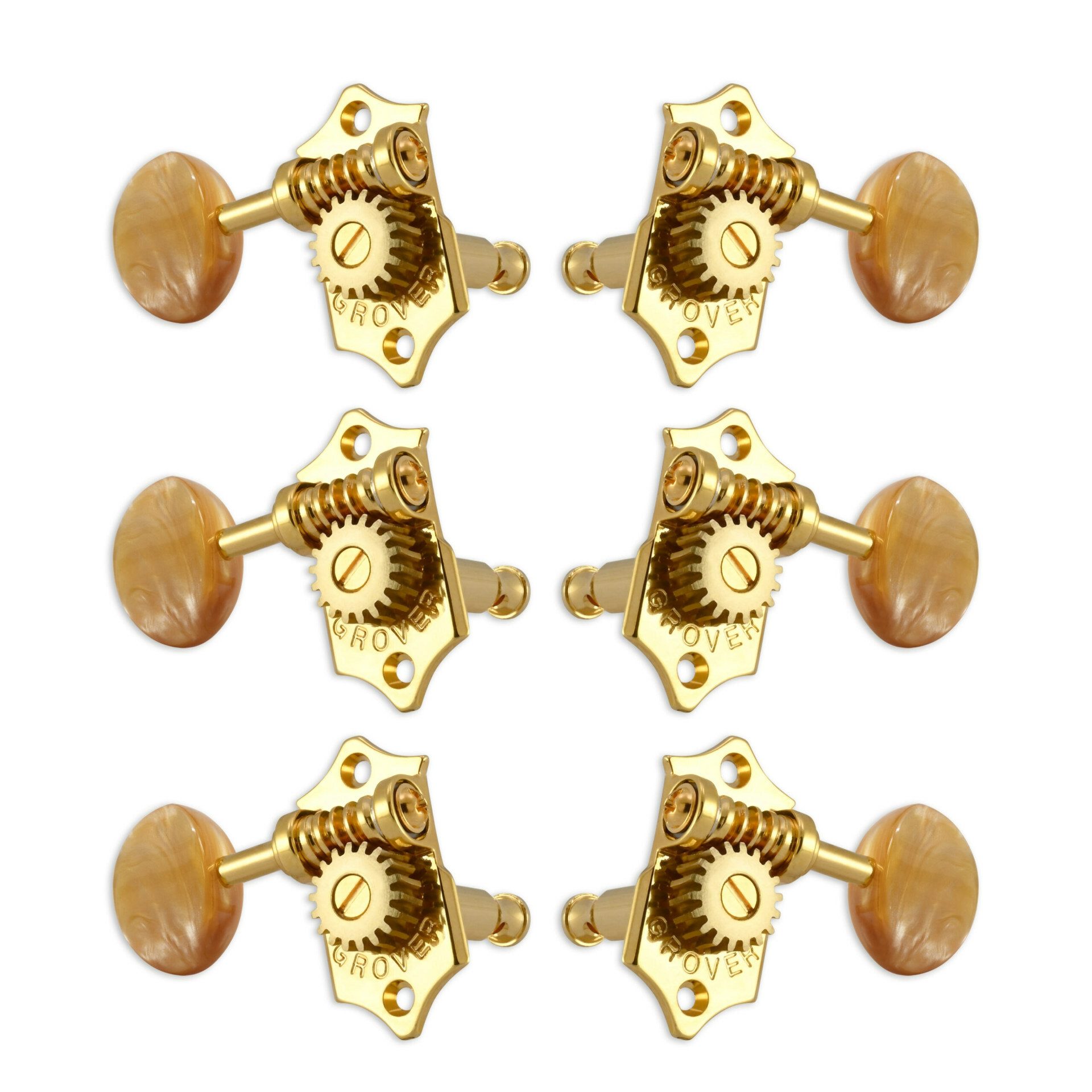 Grover V97-18GAA Original Sta-Tite Machine Head with Acrylic Amber Button and 18:1 Gear Ratio, Vertical - Guitar Machine Heads, 3 + 3 - Gold