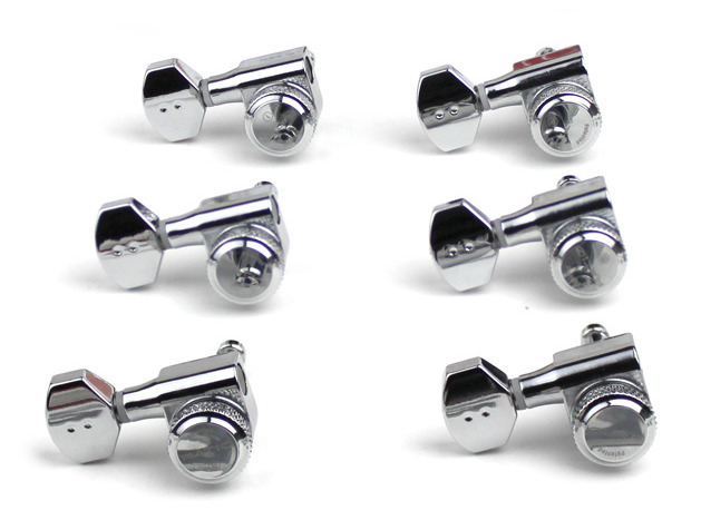 Graph Tech PRL-8721-LC0 Ratio Electric Locking Machine Heads with Mini Contemporary Button - 6-in-Line, Lefthand, Treble Side (Right) - Chrome