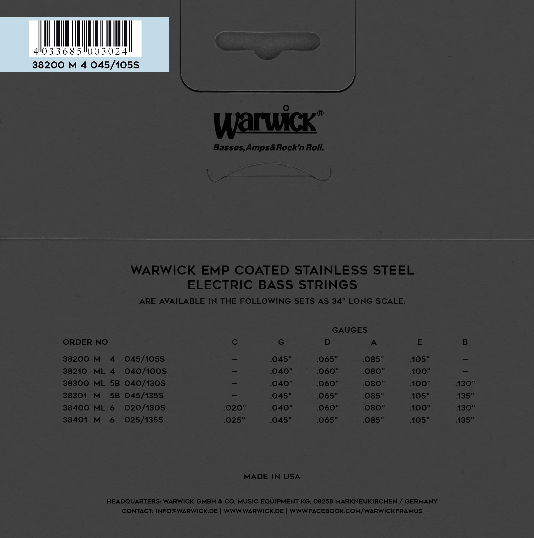 Warwick EMP Coated Bass String Set, Stainless Steel - 4-String, Medium, .045-.105